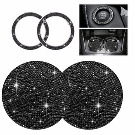 Yungeln Set of 2 Car Drink Holder Coasters + 2 Pieces Start Stop Button Ring Crystal Bling Bling Rhinestone Car Decor Accessories - Black