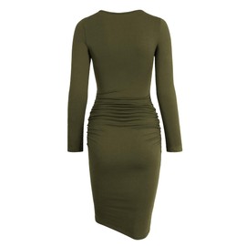 Missufe Long Sleeve Ruched Casual Sundress Women's Knee Legnth Bodycon Sheath Dress (Army Green, Medium)