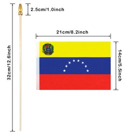 QQSD Venezuela Small Flag Venezuelan Stick Mini Hand Held Flags - Solid Wooden Pole with Spear Top (12 Pack)