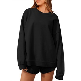 Tankaneo Womens Oversized 2 Piece Outfits Sweatsuit Casual Long Sleeve Crewneck Sweatshirts Sweat Shorts Fall Lounge Sets Black