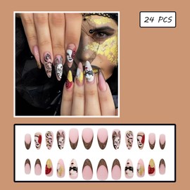 24 PCS Press on Nails French Fake Nails Vintage Mask Fake Nails Medium Fake Nails Gifts for Women and Girls (No.98)