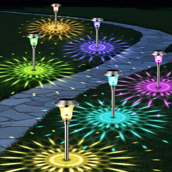 BEAU JARDIN 8 Pack Solar Pathway Lights Color Changing Outdoor Waterproof Multi Color Halloween LED Glass Stainless Steel Metal Garden Landscape Lighting for Yard Walkway Lawn Stake Colorful BG2121