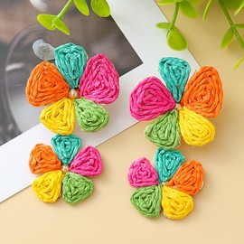 Boho Floral Raffia Earrings for Women Lightweight Flower Design Dangle Earrings Spring Summer Trendy Accessories for Outfits
