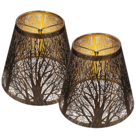 Small Lamp Shades Set of 2 Clip On Bulb, Barrel Metal Lampshades for Table Chandeliers Wall Floor Lamp Replacement, 4" Top x 7" Bottom x 6" High, Bronze Gold Forest Tree Pattern