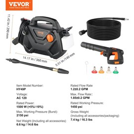 VEVOR Electric Pressure Washer, Max. 2300 PSI 1.9 GPM 1900W Power Washer w/ 26 ft Hose, 4 Quick Connect Nozzles, Foam Cannon, Retractable Handle for Portable to Clean Patios, Cars, Fences, Driveways - Power: 2150 PSI  Max. 1.85 GPM 1500W