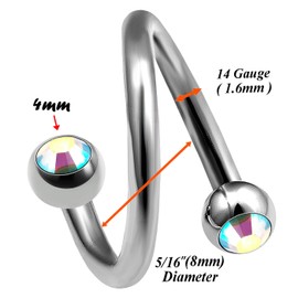 bodyjewellery 1pc 14g 5/16 Titanium Spiral Earrings Tragus Lip Eyebrow Bar Twisted Cartilage Studs Helix Hoop D4TCH - Pick color (Aurora Borealis)