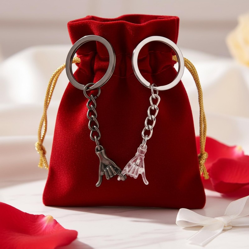 Basic Outline Pinky Promise Couple Keyring, Silver & Black