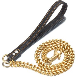 Aiyidi Strong Gold/Silver Dog Chain Leash 3FT 4FT 5FT Stainless Steel 12mm Curb Cuban Link Dog Leash Training Walking with Comfortable Genuine Leather Handle for Large, Medium Small Dogs (Gold, 3FT)