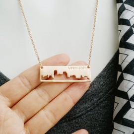 Khloe Patriotic United States: City Skyline Matte Gold-Tone Rectangular Cut-Out Pendant Necklace: Lexington