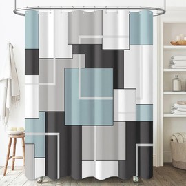 BTTN Fabric Shower Curtain, Modern Geometric Neutral Set with Hook, Weighted Hem, White Black Grey Decorative Waterproof Polyester Curtain for Bathroom, 72x72