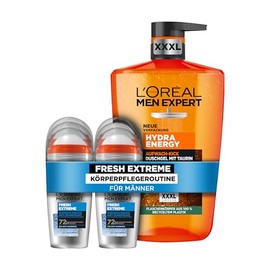 L'Or√©al Men Expert k√ºhlendes K√∂rperpflegeset f√ºr M√§nner, Mit XXXL Duschgel und 6x Deo Roll-on Set f√ºr Herren mit Taurin und Cooling Effekt, Hydra Energy, Fresh Extreme, 7-teilig