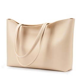 KALIDI Shoulder Tote Bag, Large Capacity, Women's and Men's, Shoulder Bag, Eco-Leather, Synthetic Leather, Simple, Plain, A4, Horizontal, Unisex, Business, with Inner Pocket, Zipper Closure, beige