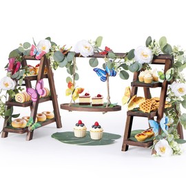 Wooden 3 Tier Cupcake Stand with Flower Vine, Palm Leaves & Decorative Butterflies, Cupcake Holder for Tea Party Supplies, Serving Trays for Party Perfect for Dessert Cups and charcuterie Cups