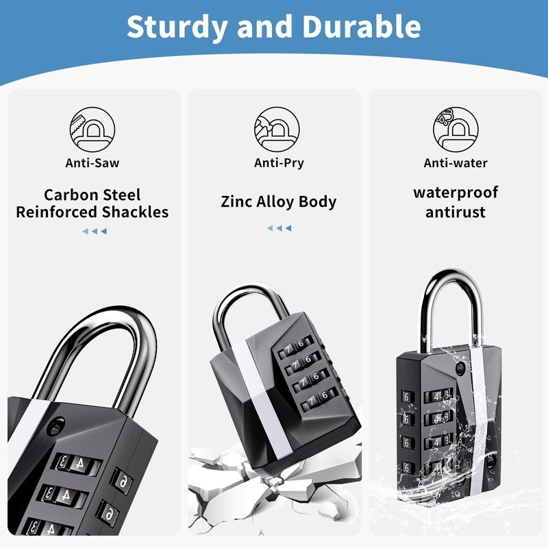 Combination Lock 4 Digit, Resettable, Waterproof Metal, School/Gym Locker Lock,
