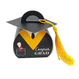 AIMALL 50PCS Graduation Cap Candy Boxes, Striped Bachelor & Doctor Cap Design, Tassel Detail, Party Favor Cartons, Yellow & Red, 2.2x2.2x3.5 Inches