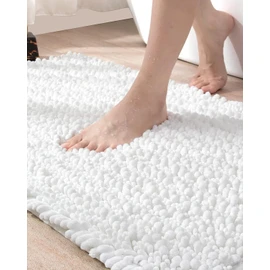 DEXI Bathroom Rug 16x24, Super Soft Thick Chenille Absorbent Bath Mat, Non Slip Machine Washable Fluffy Shag Bathmat for Tub, Shower Floor, White