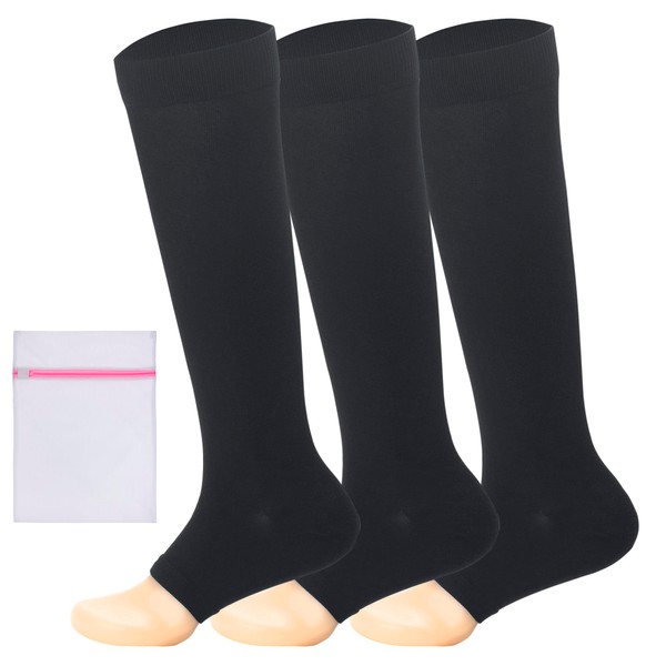 360 RELIEF Medical Compression Socks Open Toe - Varicose Veins, Travel, Work, Flight, Edema, Pregnancy | S/M, L/XL, XXL, Beige, Black with Mesh Laundry Bag |, 3 Pairs Black