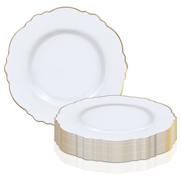 Smarty Had A Party Disposable Plastic Plates with Rim, Round Blossom Design, Elegant Dinnerware for Wedding, Birthday & All Occasions, 120 pcs (10.25" Dinner Plates, White with Gold)