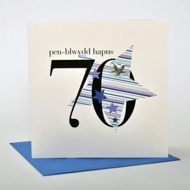 Claire Giles Hearts and Stars Welsh Penblwydd Hapus Happy 70th Birthday Card - Blue WHNS61