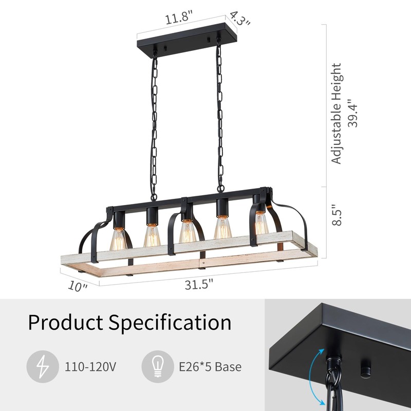 WUZUPS 5-Light Metal Chandelier Imitation Wood Grain Linear Pendant Ceiling