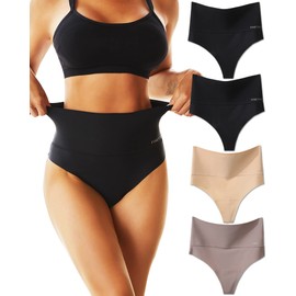 FINETOO High Waisted Thongs for Women Tummy Control Underwear Soft Nylon Stretchy No Show High Rise Thong Panties 4 Pack