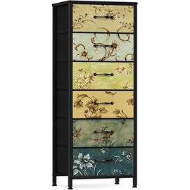 Furnulem Tall 6 Drawers Dresser, Vintage Storage Organizer Unit with Fabric Bins for Bedroom, Living Room, Closet, Nusery, Dorm, Entryway, Bedside Furniture, Sturdy Metal Frame, Wood Top