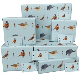 Luxury ECO Gift Wrap - 6 sheets/tags - Blue Game Birds - Birthday - Recycled & Recyclable Wrapping Paper - Re-wrapped