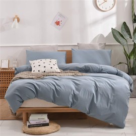 Janlive Washed Cotton Duvet Cover Queen Ultra Soft 100% Natural Cotton Solid Grayish Blue Duvet Cover Set with Zipper Closure -3 Pieces Grayish Blue Queen