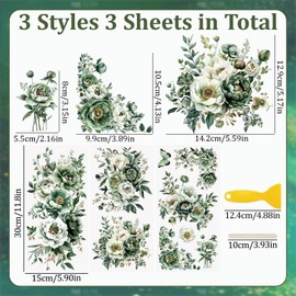 WANDIC 3 x Green Floral Transfer Stickers Waterproof Furniture Craft Embellishments for DIY Scrapbooking Photo Albums 15x30cm