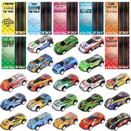 ricluck 28 Pack Valentines Day Gifts for Kids, Valentines Day Cards for Kids School with Die-Cast Pull Back Racing Cars Vehicle School Classroom Prize Gifts Exchange Party Favors Supplies