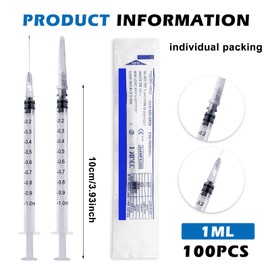 SPORWAY Pack of 100 Sterile Syringes, 1 ml Plastic Syringe with Needles with Caps, Colostrum Syringe 1 ml Dosing Syringe for Refilling and Measuring Liquids, Pet Feeding (White)