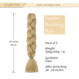 Gairyan Braiding Hair Extensions Ombre Jumbo Braids Synthetic Hair 3 Packs 24 inches 300g Coloured Hair for Braiding Extensions Box Braids Crochet Twist, Ash Blonde