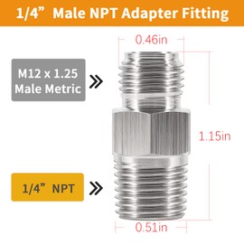 1/4” Male NPT Fitting Adapter, 1/4” Male NPT to M12 x 1.25 M12X1.25 Male Metric, Stainless Steel Pipe Gauge Fitting Adapter