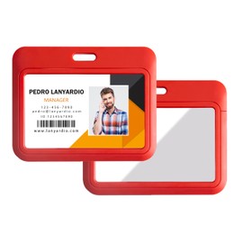 Lanyardio 1 Pack Sliding Horizontal ID Badge Holder Hard Red Plastic Card Case Protector Pouch with Sided Clear Window for Office School ID Credit Cards and Proximity Key Cards
