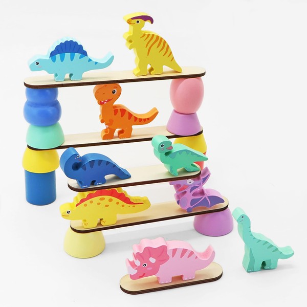 LONTOM Wooden Building Blocks for Kids, Cute Dinosaur Blocks Sorting