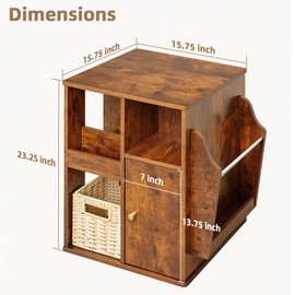 Square Rotating End Table with Storage, 16"D x 16"W x 23.3"H, Rustic Brown