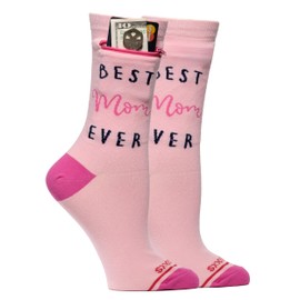 Pocket Socks Fashion Print Crew Socks for Women - Anti Theft Novelty Socks w/Hidden Zipper Stash Spot Pocket for Travel ID, Keys, Cash - Best Mom Ever