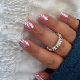 Pink Chrome Square Press on Nails Short,SXVME Metallic Fake Nails Acrylic Press ons,Mirror Metal Chrome Nails Glue on Nails Short Coffin Nails False Nail with Design in 24 PCS