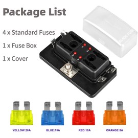 12V 24V 32V Standard 4 Way Blade Fuse Box, Little DC to DC Fuse Holder with LED Fuse-blown Indicator, Micro Fuse Distribution Block with Cover, Fuse Board for Home Camper Van Car Boat Marine