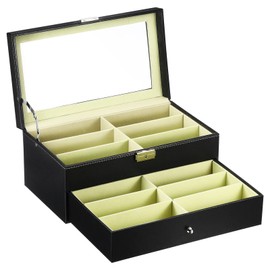 PATIKIL Sunglasses Organizer for Women Men, 12 Slot Leather Eyeglass Display Case Holder with Drawer Double-Layer Eyewear Storage Box, Black