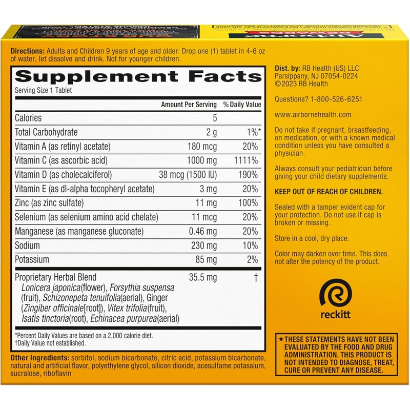 Airborne 1000mg Vitamin C with Vitamin D & Zinc, Sugar