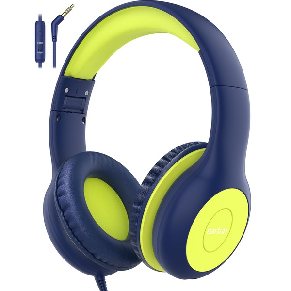 Kids Headphones, EarFun Foldable Headphones for kids, 85/94dB Volume Limiter, Sharing Function, Stereo Sound, Adjustable Headband, Wired Children Headphone with mic for School/Travel/Phone, Blue Lemon