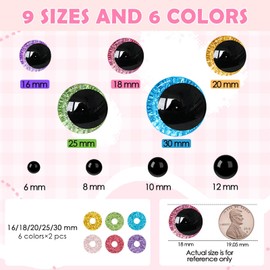 MUCUNNIA 256Pcs 6-30mm Glitter Moon Safety Eyes with Washers Size Tools
