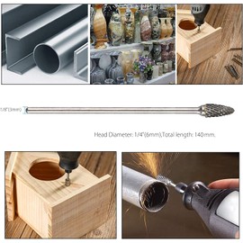 Yakamoz 10Pcs 3mm (1/8") Shank Long Double Cut Tungsten Carbide Burrs Rotary Files Diamond Burs Bit Set for Die Grinder Rotary Tool, 4-Inch Length