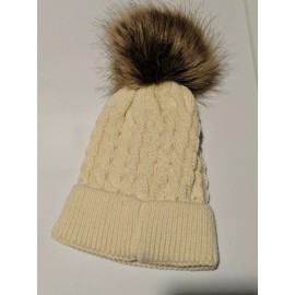 Brook + Bay Faux Fur Pom Pom Beanie For Babies - Warm Cute Cable Knit Hat Creme