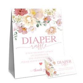Floral Baby Shower Diaper Raffle Game Set - Watercolor Flowers 1 Standing Sign & 50 Diaper Raffel Tickets - Baby Announcement, Gender Reveal Party Activities & Decorations For Boys, Girls - A02