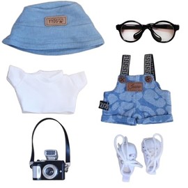 6 Piece 17cm Doll Clothes, Outfit Set with Accessories for 17cm Dolls, Denim Style Outfit Set with T-Shirt + Denim Overalls + Canvas Sneakers + Denim Hat + Mini Camera + Glasses, No Doll Included