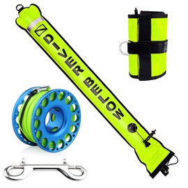 Seafard 5ft Yellow Scuba Diving Open Bottom Surface Marker Buoy (SMB) with 98ft Finger Spool Alloy Dive Reel and Double Ended Bolt Clip Blue
