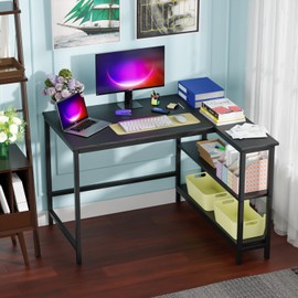 FDW L-Shaped Gaming Desk 43 Inch Computer Desk Corner Desks with Reversible Side Storage Shelves Study Desk Metal Frame PC Work Table for Home Office Dorm Sturdy Writing Workstation, Black