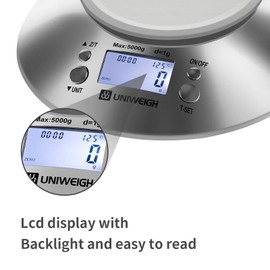 UNIWEIGH Lebensmittel Küchenwaage Schüssel, Digital Gramm und OZ für Kochen, Backen, Diät, Gewichtsverlust, mit abnehmbaren Schüssel 2.15L Volumen, Raumtemperatur, Timer, LCD, Edelstahl, 11lb/5kg
